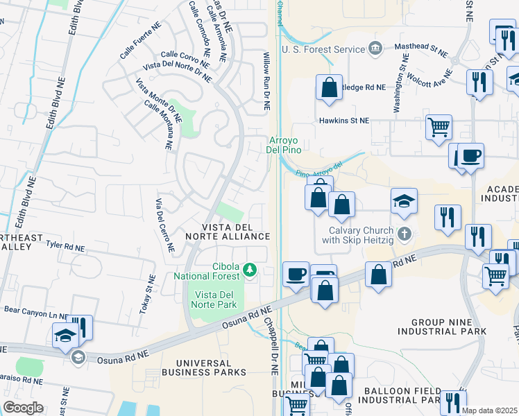 map of restaurants, bars, coffee shops, grocery stores, and more near 7008 Calle Almeria Northeast in Albuquerque