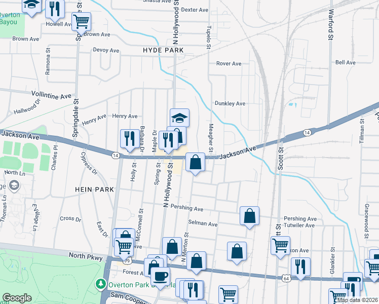 map of restaurants, bars, coffee shops, grocery stores, and more near 2500 Jackson Avenue in Memphis
