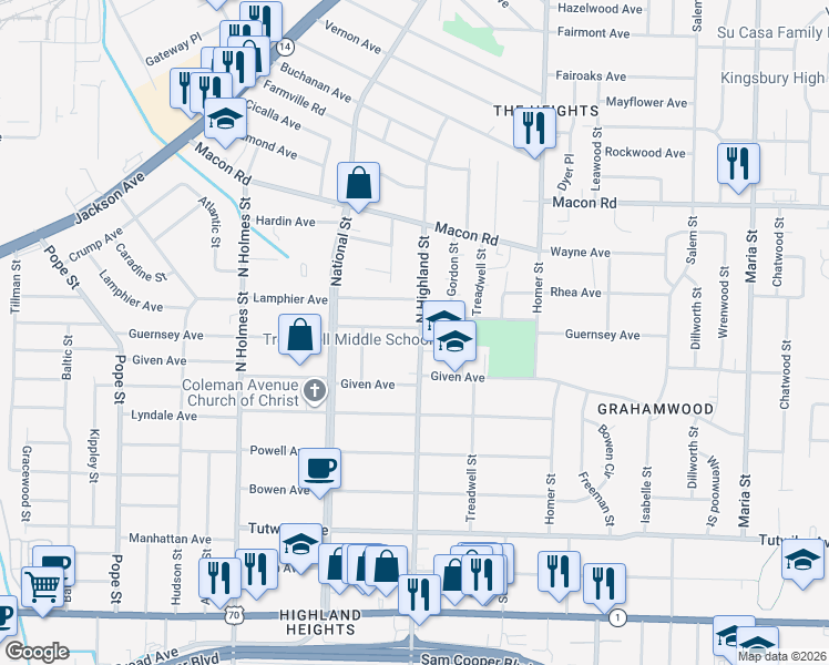 map of restaurants, bars, coffee shops, grocery stores, and more near 961 North Highland Street in Memphis