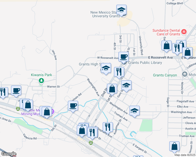 map of restaurants, bars, coffee shops, grocery stores, and more near 500 Mountain Road in Grants