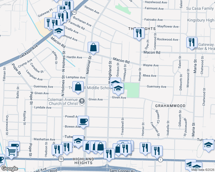 map of restaurants, bars, coffee shops, grocery stores, and more near 3491 Guernsey Avenue in Memphis