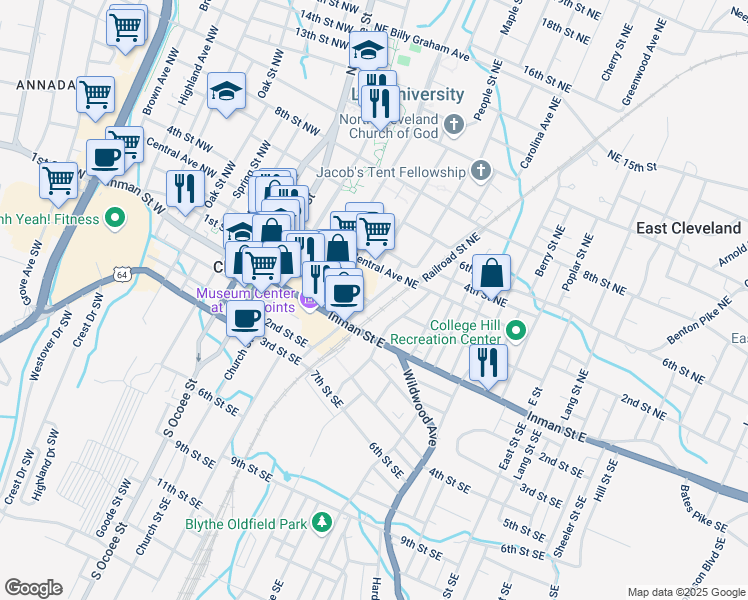 map of restaurants, bars, coffee shops, grocery stores, and more near 175 Edwards Street Northeast in Cleveland