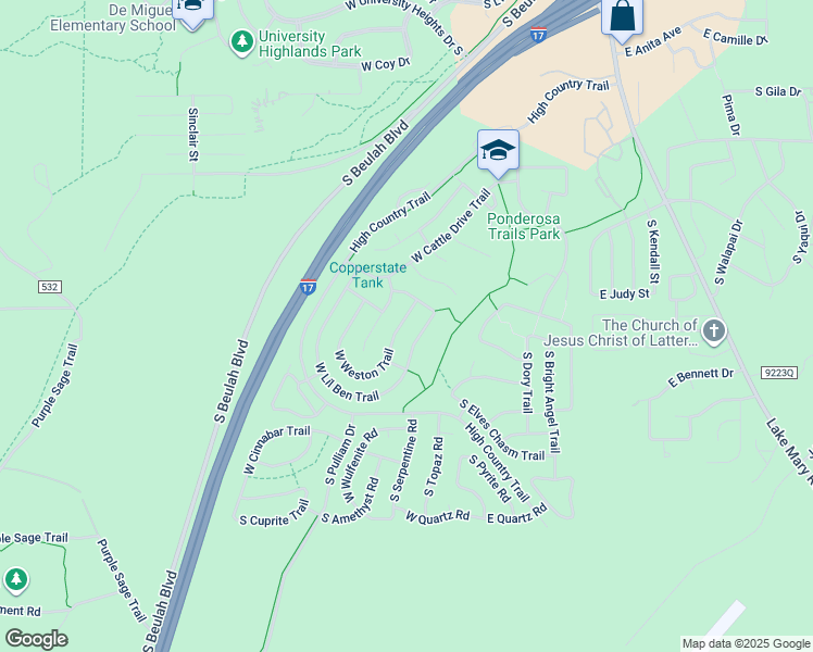 map of restaurants, bars, coffee shops, grocery stores, and more near 1456 West Weston Trail in Flagstaff