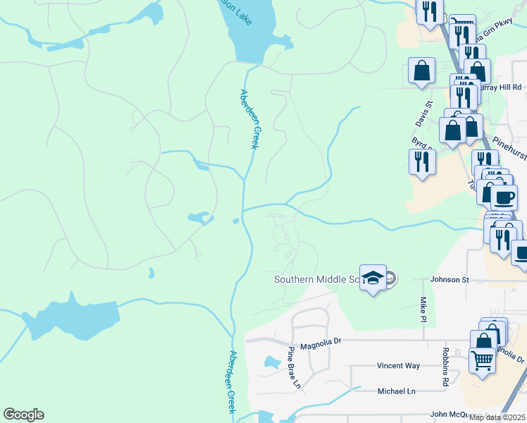map of restaurants, bars, coffee shops, grocery stores, and more near 70 Redtail Lane in Pinehurst