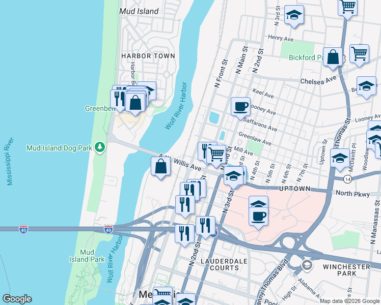 map of restaurants, bars, coffee shops, grocery stores, and more near 493 North Front Street in Memphis