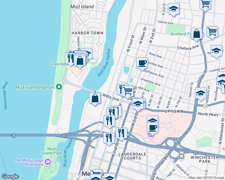 map of restaurants, bars, coffee shops, grocery stores, and more near 493 North Front Street in Memphis