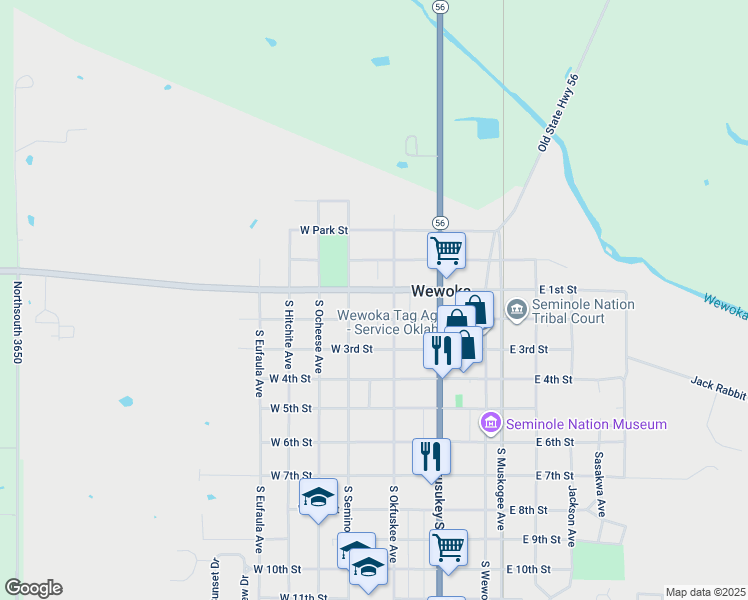 map of restaurants, bars, coffee shops, grocery stores, and more near 316 West 1st Street in Wewoka