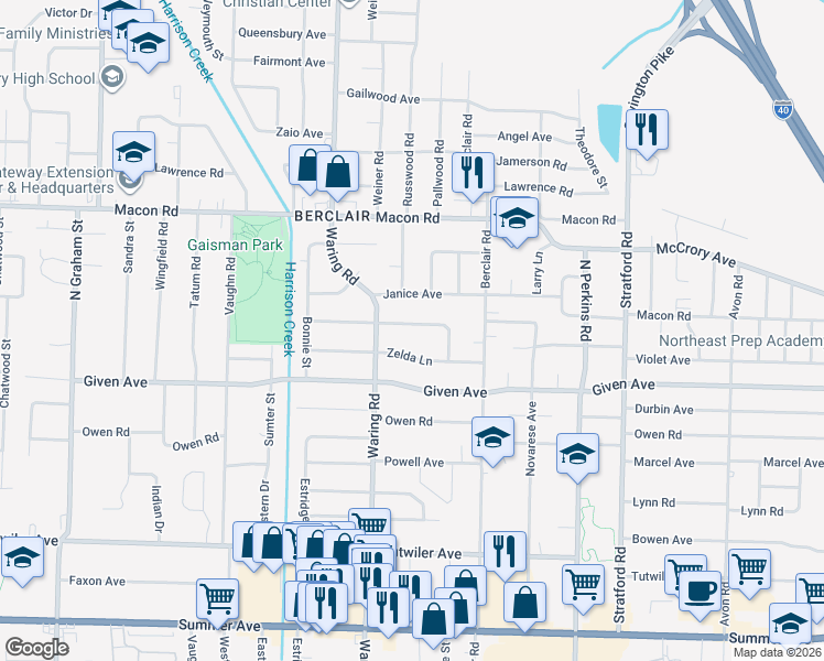map of restaurants, bars, coffee shops, grocery stores, and more near 4389 Ferndale Road in Memphis