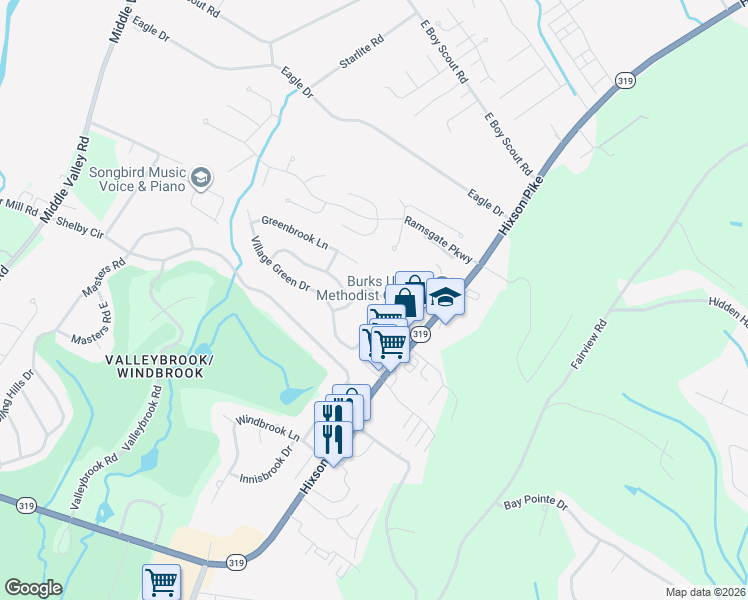 map of restaurants, bars, coffee shops, grocery stores, and more near 6451 Brookmead Circle in Chattanooga