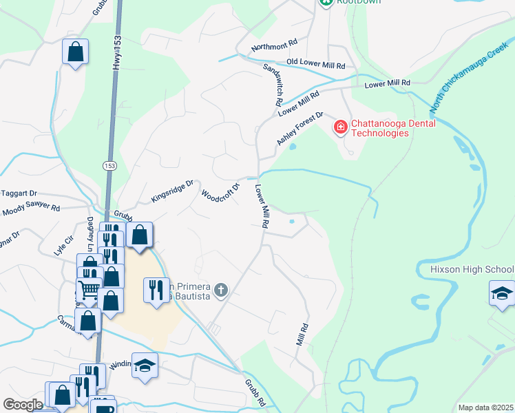 map of restaurants, bars, coffee shops, grocery stores, and more near 919 Lower Mill Road in Chattanooga