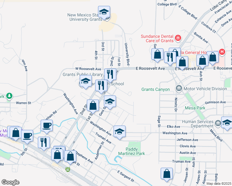 map of restaurants, bars, coffee shops, grocery stores, and more near 1002 Geis Street in Grants