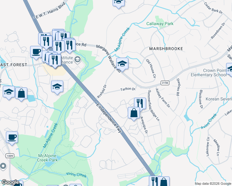map of restaurants, bars, coffee shops, grocery stores, and more near 2108 Tarlton Drive in Matthews