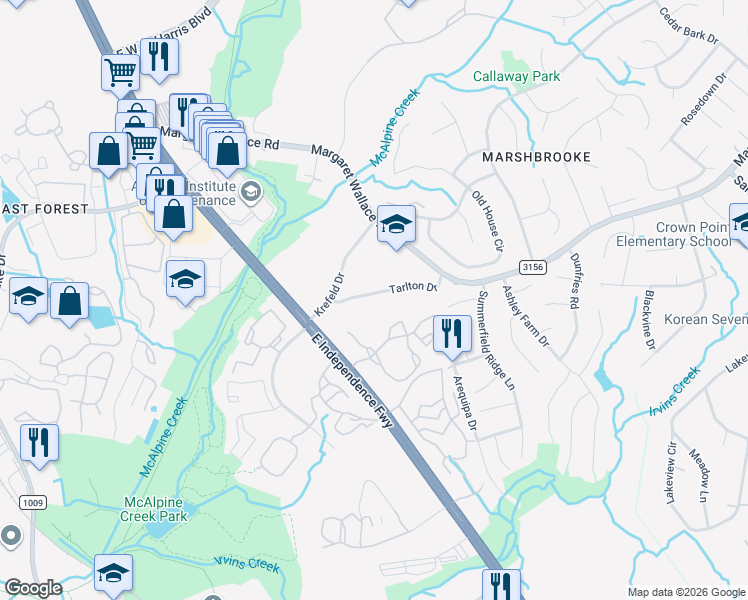 map of restaurants, bars, coffee shops, grocery stores, and more near 2108 Tarlton Drive in Matthews