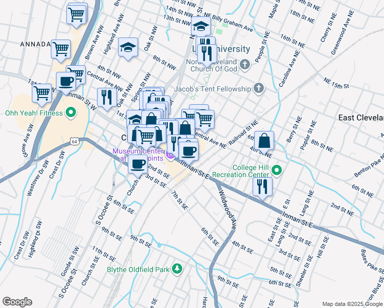 map of restaurants, bars, coffee shops, grocery stores, and more near 240 1st St NE in Cleveland