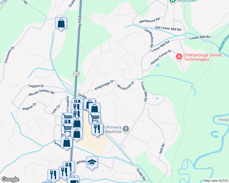 map of restaurants, bars, coffee shops, grocery stores, and more near 475 King Crest Lane in Chattanooga
