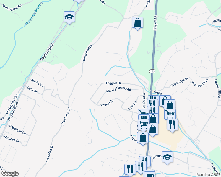 map of restaurants, bars, coffee shops, grocery stores, and more near 5725 Moody Sawyer Road in Chattanooga