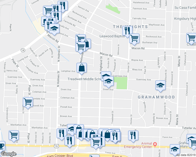 map of restaurants, bars, coffee shops, grocery stores, and more near 971 North Highland Street in Memphis