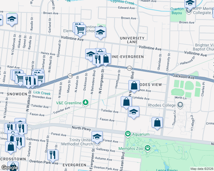 map of restaurants, bars, coffee shops, grocery stores, and more near 755 North Auburndale Street in Memphis