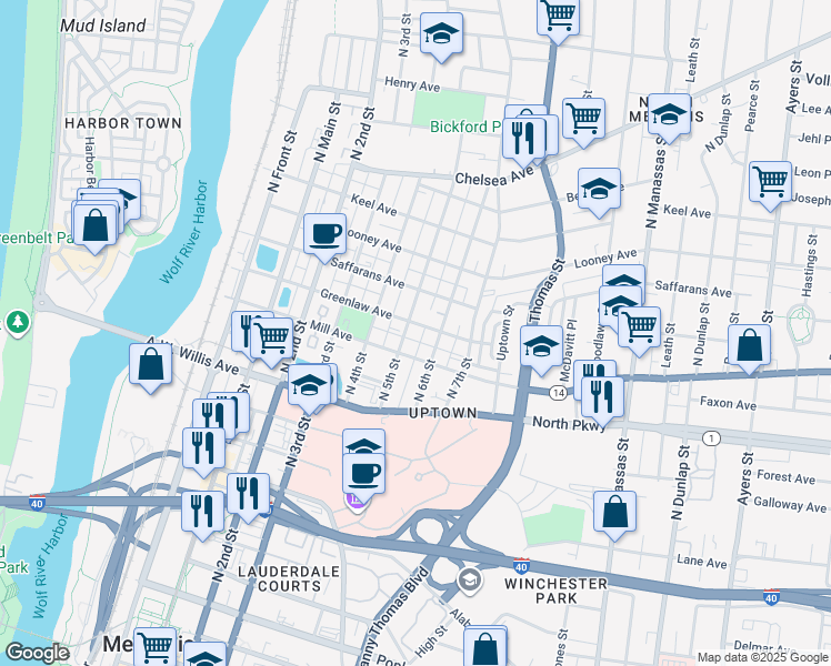 map of restaurants, bars, coffee shops, grocery stores, and more near 247 Greenlaw Avenue in Memphis