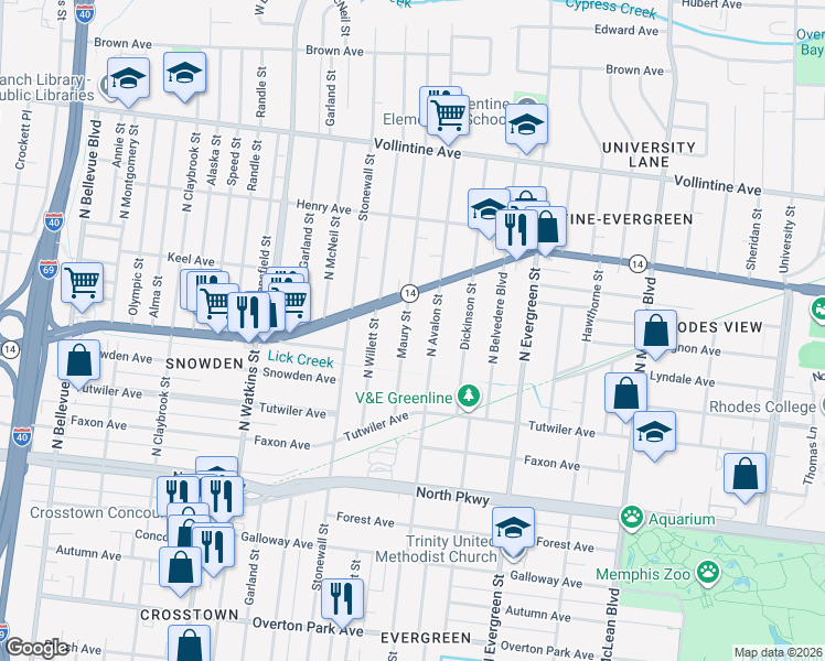 map of restaurants, bars, coffee shops, grocery stores, and more near 730 Maury Street in Memphis