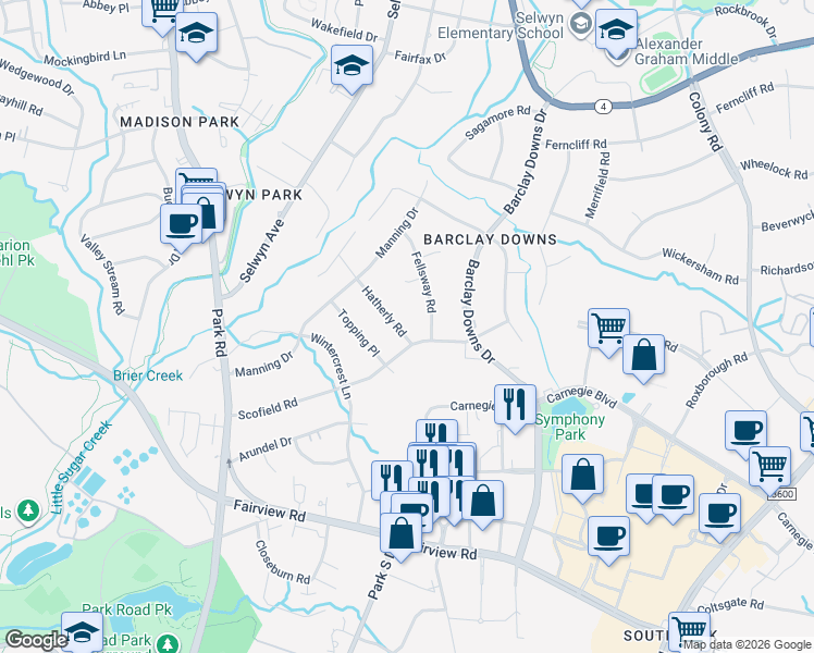 map of restaurants, bars, coffee shops, grocery stores, and more near 2527 Hatherly Road in Charlotte
