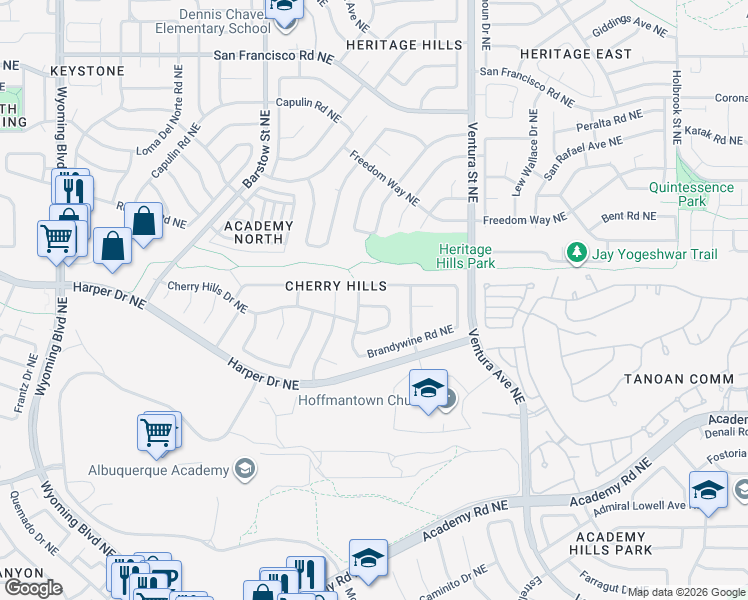 map of restaurants, bars, coffee shops, grocery stores, and more near 6960 Cherry Hills Loop Northeast in Albuquerque