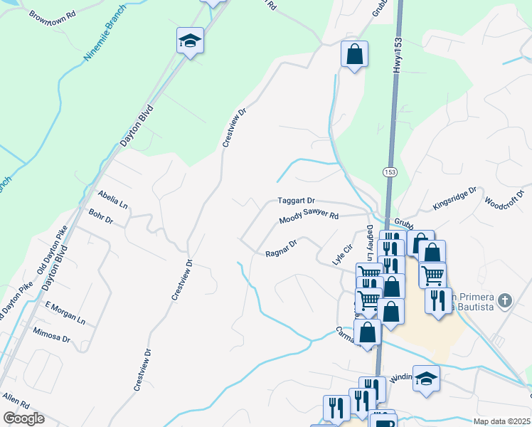 map of restaurants, bars, coffee shops, grocery stores, and more near 5714 Taggart Drive in Chattanooga