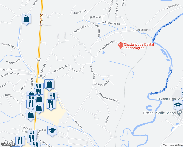 map of restaurants, bars, coffee shops, grocery stores, and more near 919 Lower Mill Road in Chattanooga