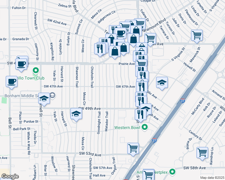 map of restaurants, bars, coffee shops, grocery stores, and more near 4702 Oregon Trail in Amarillo