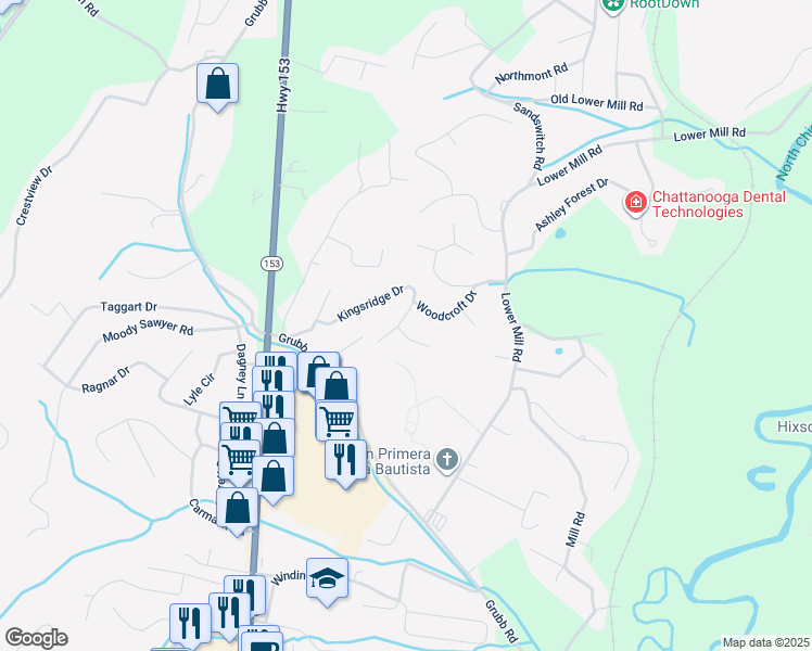 map of restaurants, bars, coffee shops, grocery stores, and more near 475 King Crest Lane in Chattanooga