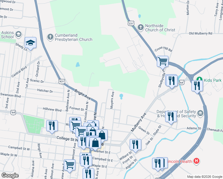 map of restaurants, bars, coffee shops, grocery stores, and more near 625 Moyers Ave in Fayetteville