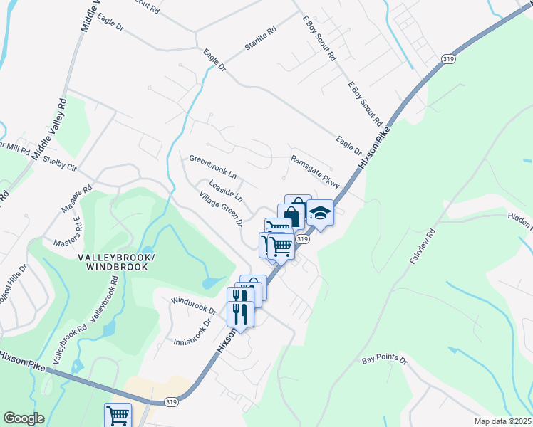 map of restaurants, bars, coffee shops, grocery stores, and more near 6451 Brookmead Circle in Chattanooga