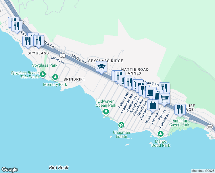 map of restaurants, bars, coffee shops, grocery stores, and more near 135 Vista Del Mar Avenue in Pismo Beach