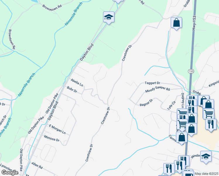 map of restaurants, bars, coffee shops, grocery stores, and more near 5823 Crestview Drive in Chattanooga