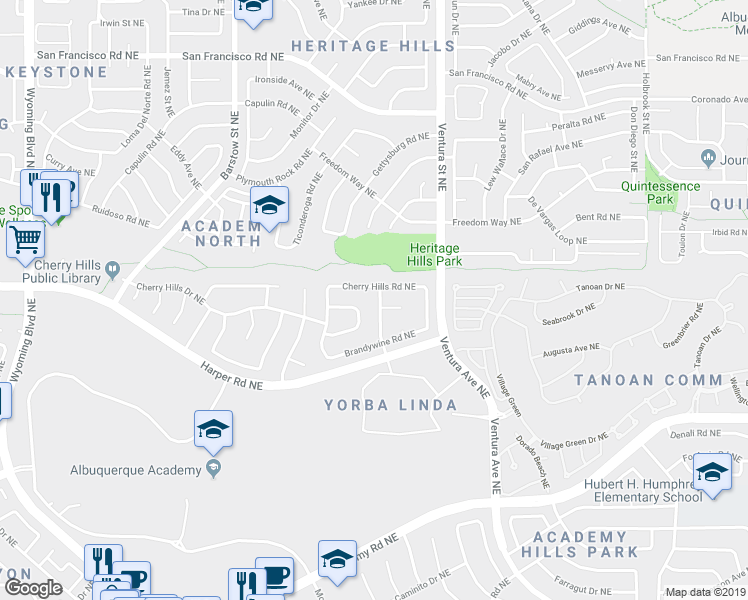 map of restaurants, bars, coffee shops, grocery stores, and more near 7005 Old Orchard Lane Northeast in Albuquerque