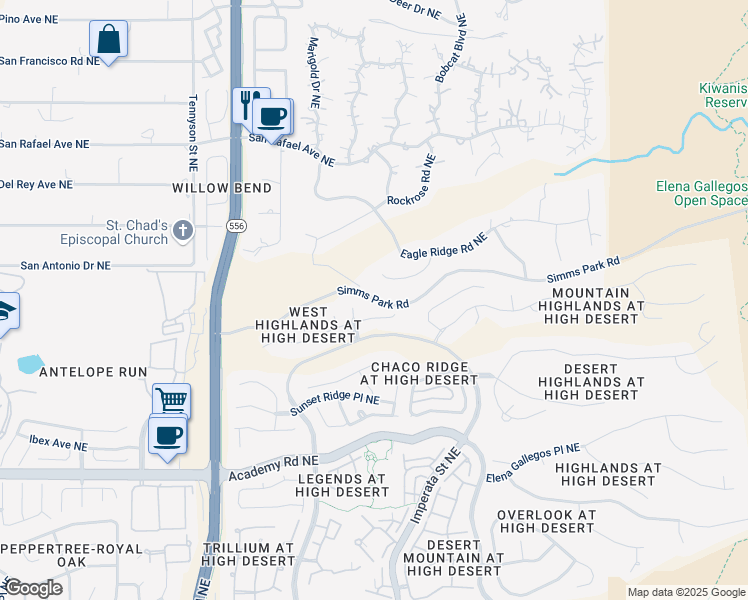 map of restaurants, bars, coffee shops, grocery stores, and more near Simms Park Road in Albuquerque
