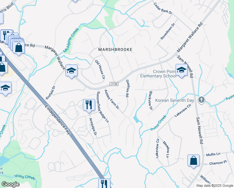 map of restaurants, bars, coffee shops, grocery stores, and more near 3205 Nedmore Court in Matthews