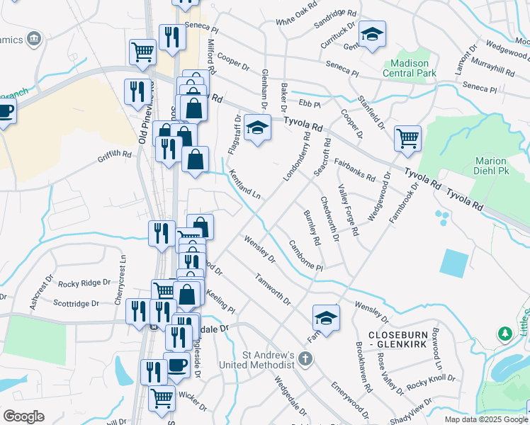 map of restaurants, bars, coffee shops, grocery stores, and more near 5601 Londonderry Road in Charlotte