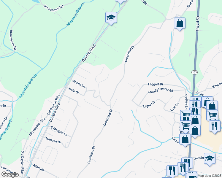 map of restaurants, bars, coffee shops, grocery stores, and more near 5823 Crestview Drive in Chattanooga