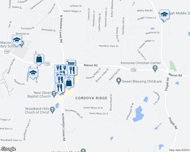 map of restaurants, bars, coffee shops, grocery stores, and more near 10217 Sterling Ridge Drive in Shelby County