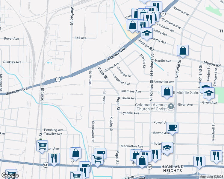 map of restaurants, bars, coffee shops, grocery stores, and more near 959 Pope Street in Memphis