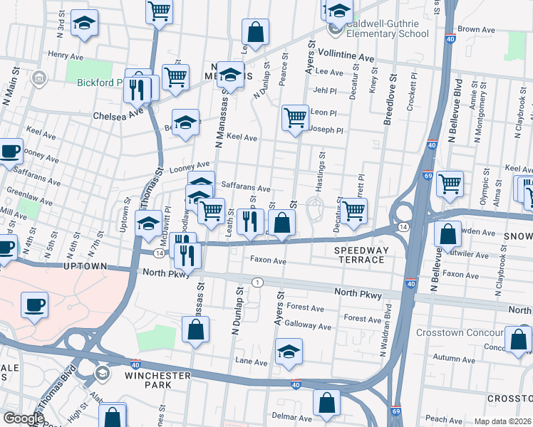 map of restaurants, bars, coffee shops, grocery stores, and more near 660 North Dunlap Street in Memphis