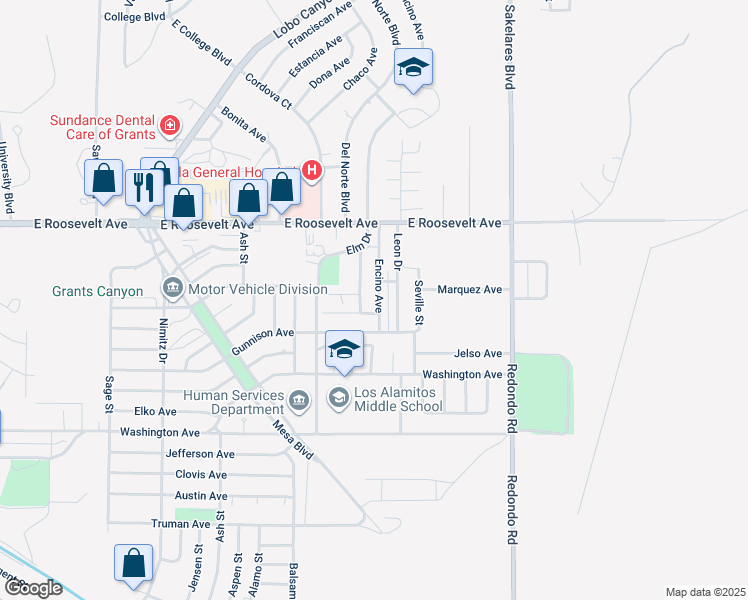 map of restaurants, bars, coffee shops, grocery stores, and more near 1033 Encino Avenue in Grants