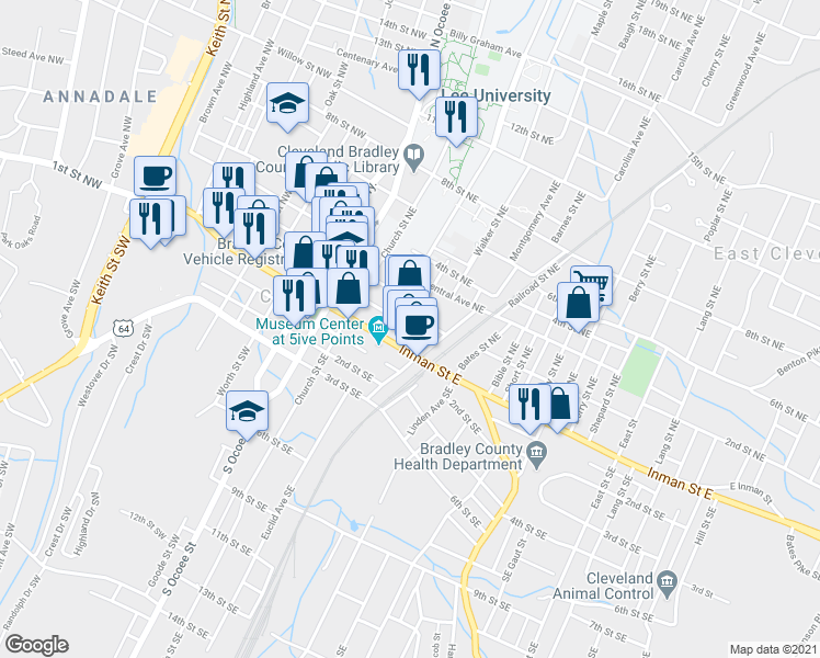 map of restaurants, bars, coffee shops, grocery stores, and more near 220 1st Street Northeast in Cleveland