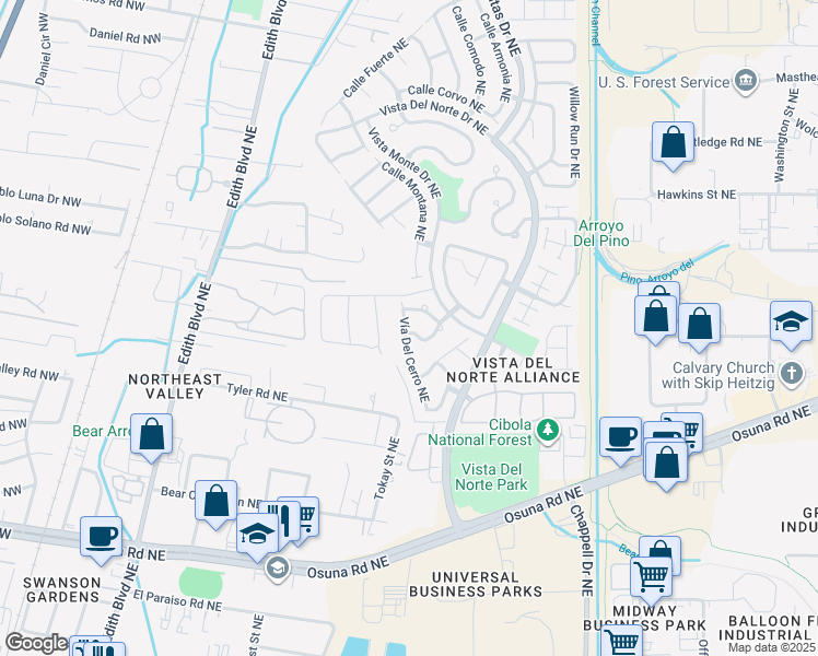 map of restaurants, bars, coffee shops, grocery stores, and more near 1001 Vía Chamisa Northeast in Albuquerque
