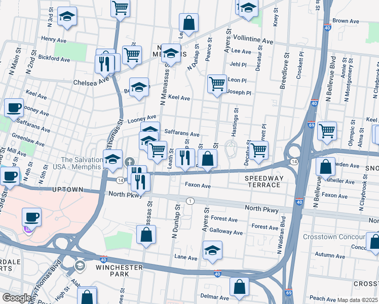 map of restaurants, bars, coffee shops, grocery stores, and more near 660 North Dunlap Street in Memphis