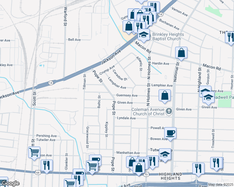 map of restaurants, bars, coffee shops, grocery stores, and more near 3172 Guernsey Avenue in Memphis