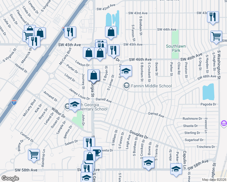 map of restaurants, bars, coffee shops, grocery stores, and more near 4704 South Rusk Street in Amarillo