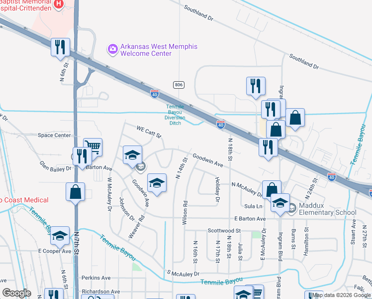 map of restaurants, bars, coffee shops, grocery stores, and more near 1594 Goodwin Avenue in West Memphis