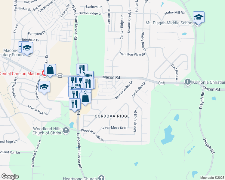 map of restaurants, bars, coffee shops, grocery stores, and more near 10202 Sterling Ridge Drive in Shelby County